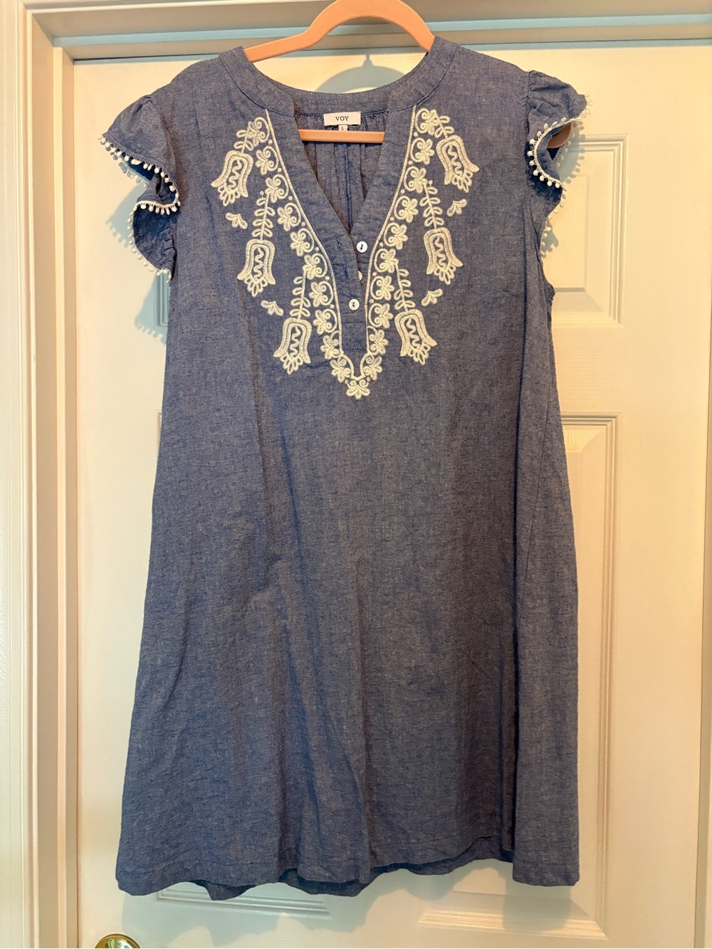 VOY Embroidered Chambray Mini Dress in Light Blue
